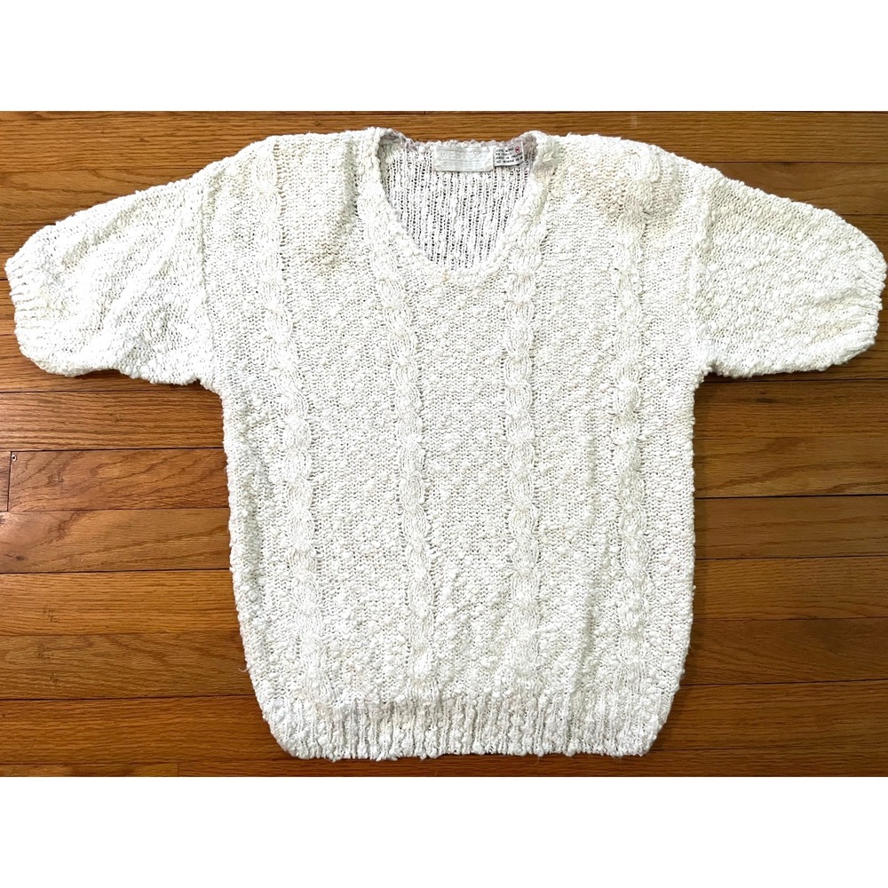 Vintage 1980s Western Connection Short Sleeve Off White Granny Chic Sweater M